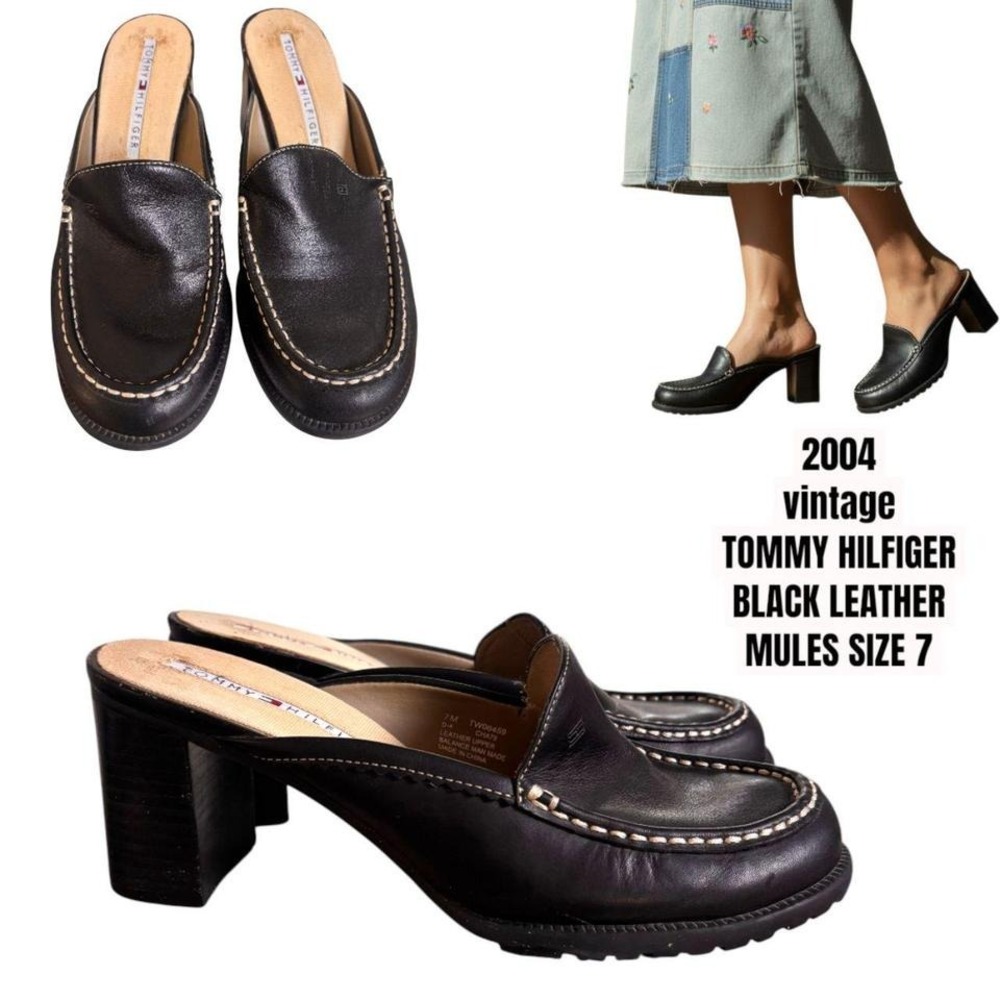 VINTAGE 2004 Tommy Hilfiger Black Leather Mules - Sz 7